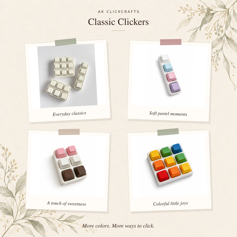 Classic Clickers botanical photo collage with original product photographs