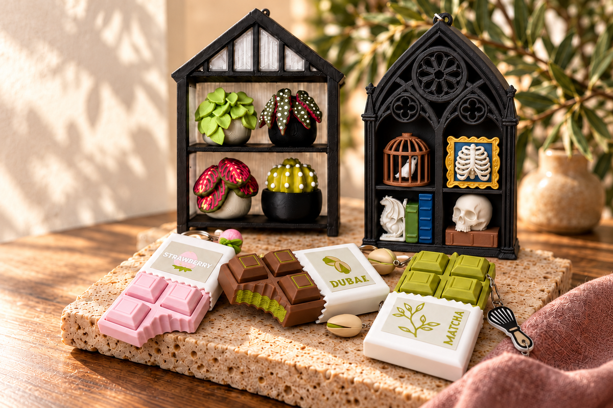 Greenhouse and Gothic Book Nook with Strawberry, Dubai and Matcha chocolate bar clickers on warm stone