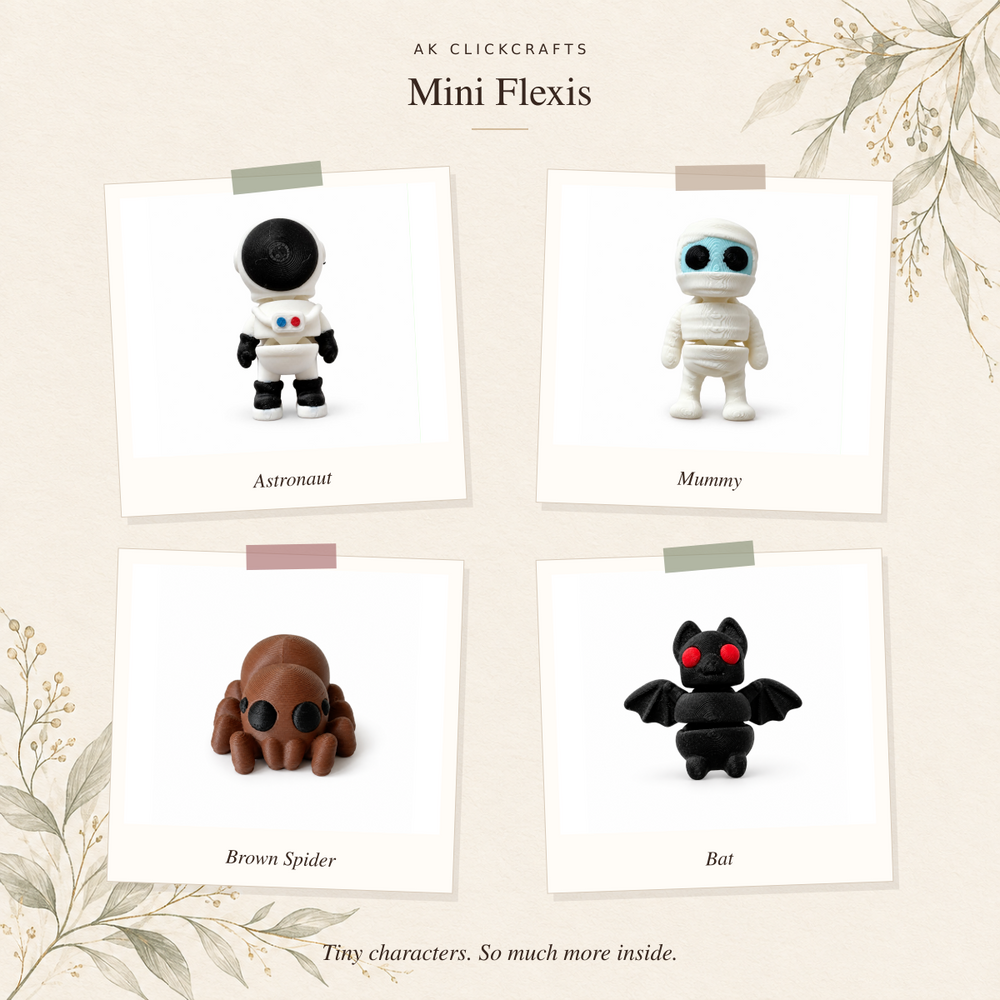 Mini Flexis botanical photo collage: Astronaut, Mummy, Brown Spider and Bat