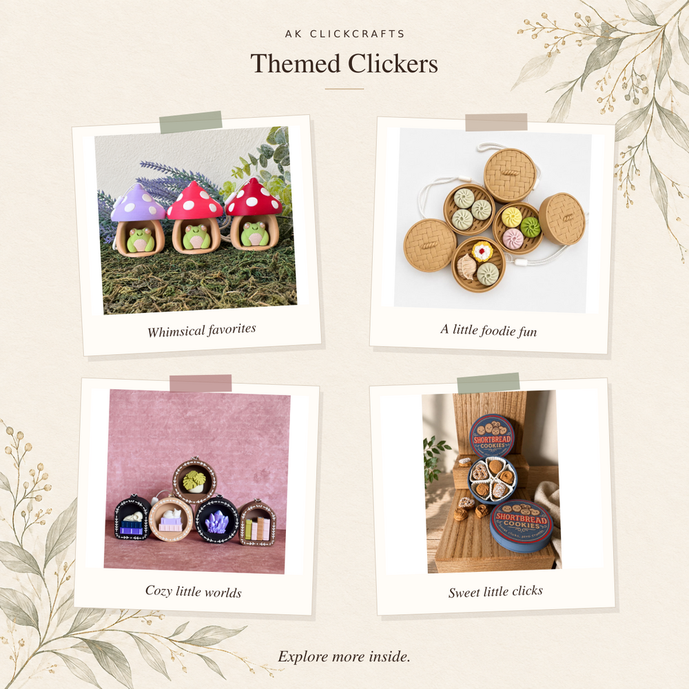 Themed Clickers botanical photo collage: mushroom frogs, dim sum, mini book nooks and cookie tin
