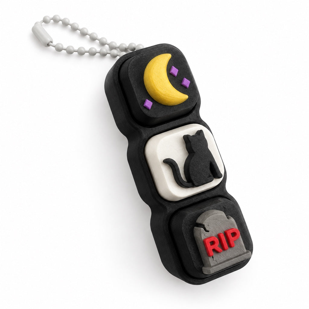 Black Halloween clicker with moon cat and RIP tombstone